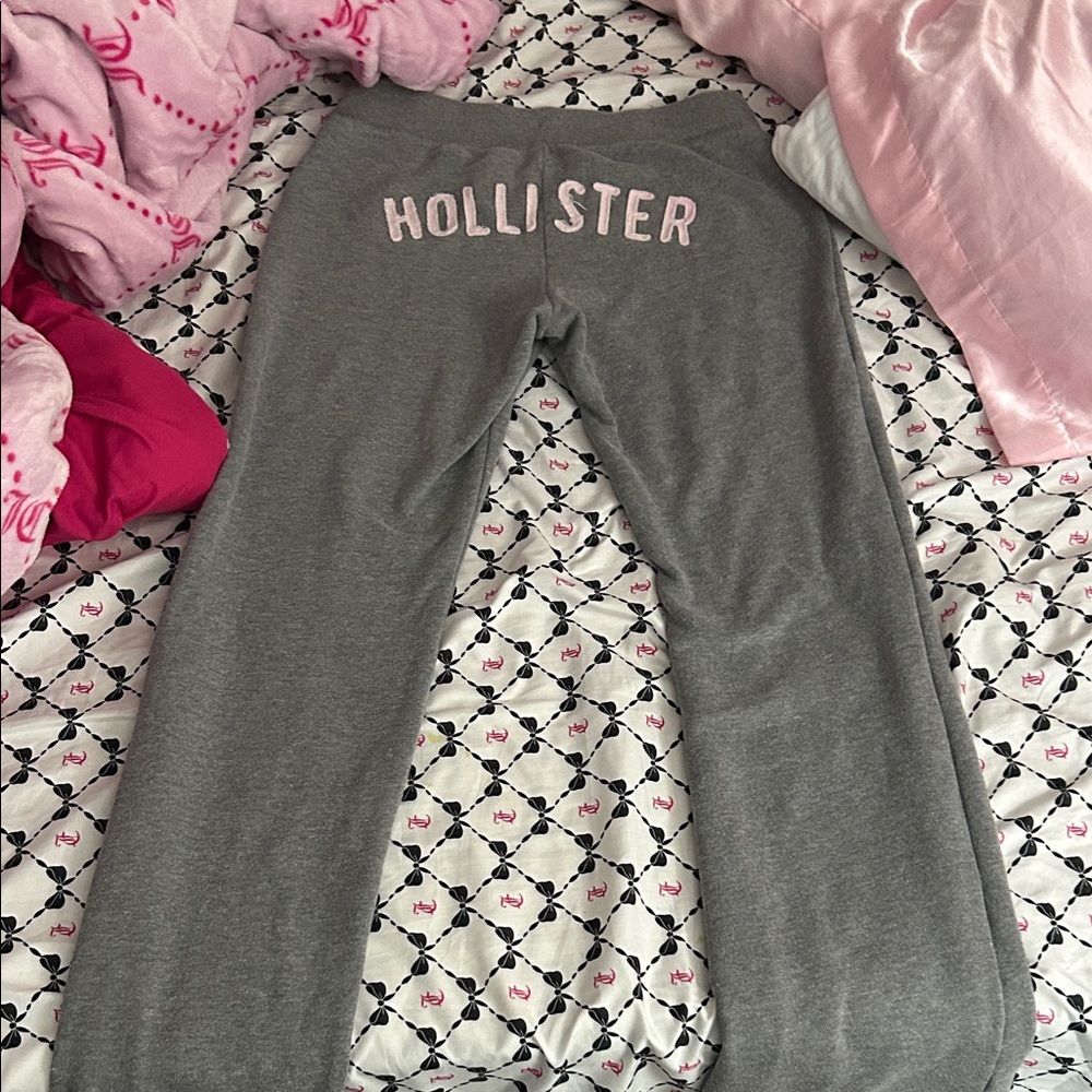 Hollister heather gray Terry Logo Graphic Boot Sweatpants with pink wording
